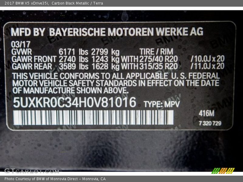 Carbon Black Metallic / Terra 2017 BMW X5 xDrive35i