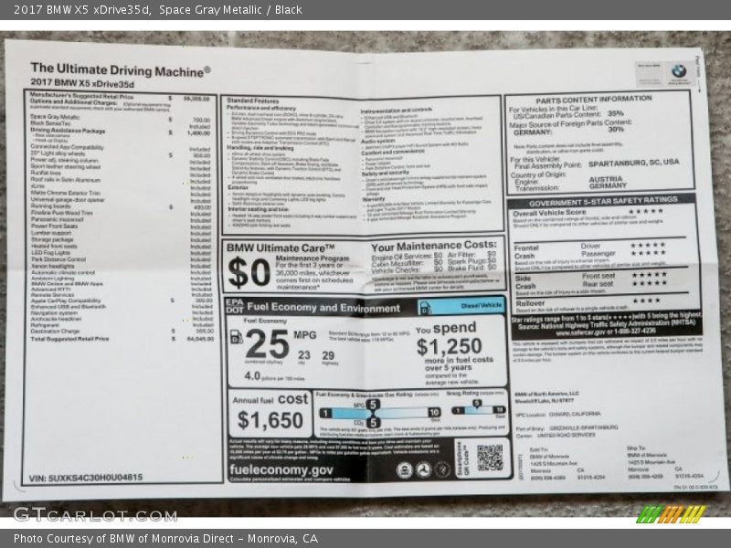 Space Gray Metallic / Black 2017 BMW X5 xDrive35d