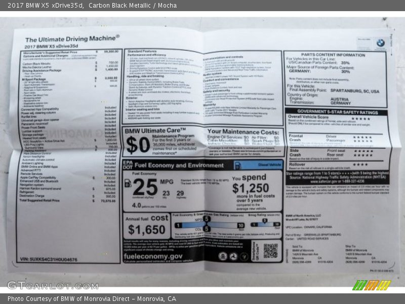  2017 X5 xDrive35d Window Sticker