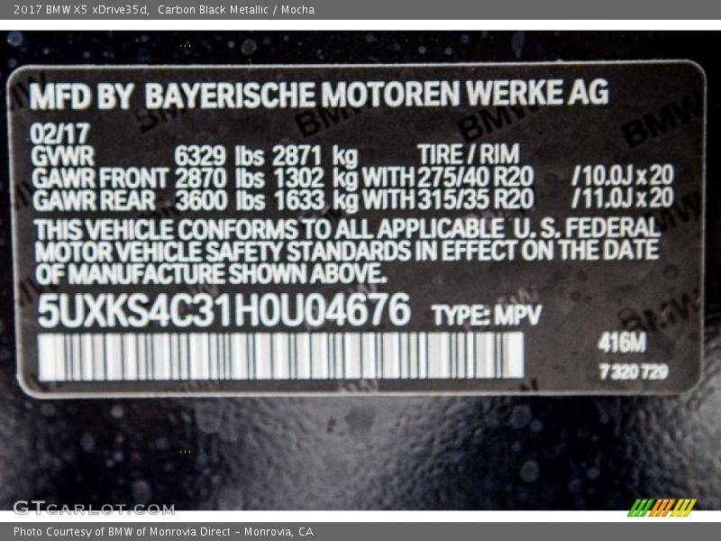 2017 X5 xDrive35d Carbon Black Metallic Color Code 416