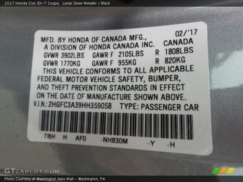 Lunar Silver Metallic / Black 2017 Honda Civic EX-T Coupe