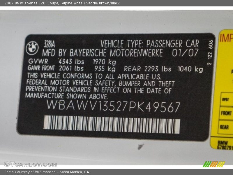 Alpine White / Saddle Brown/Black 2007 BMW 3 Series 328i Coupe