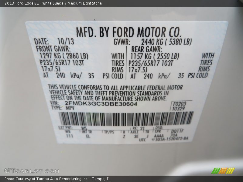 White Suede / Medium Light Stone 2013 Ford Edge SE
