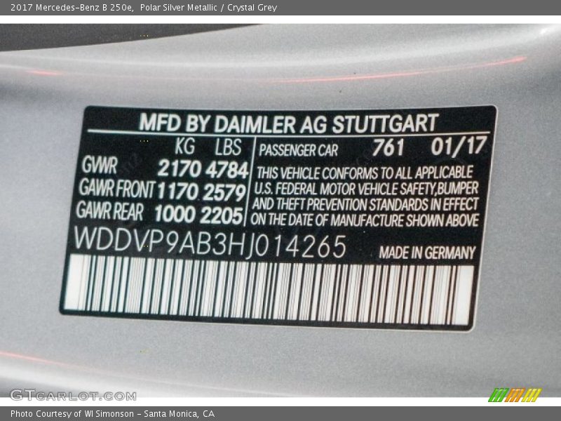 2017 B 250e Polar Silver Metallic Color Code 761
