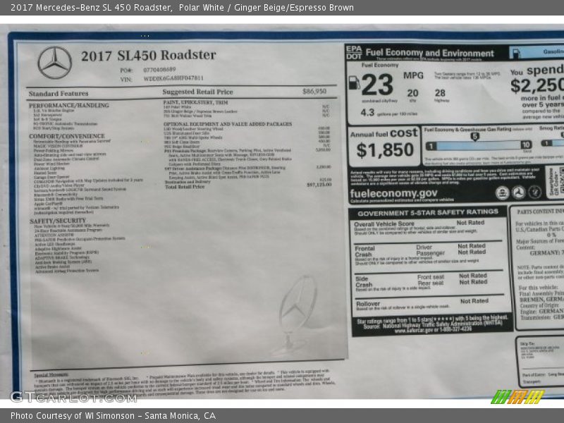  2017 SL 450 Roadster Window Sticker