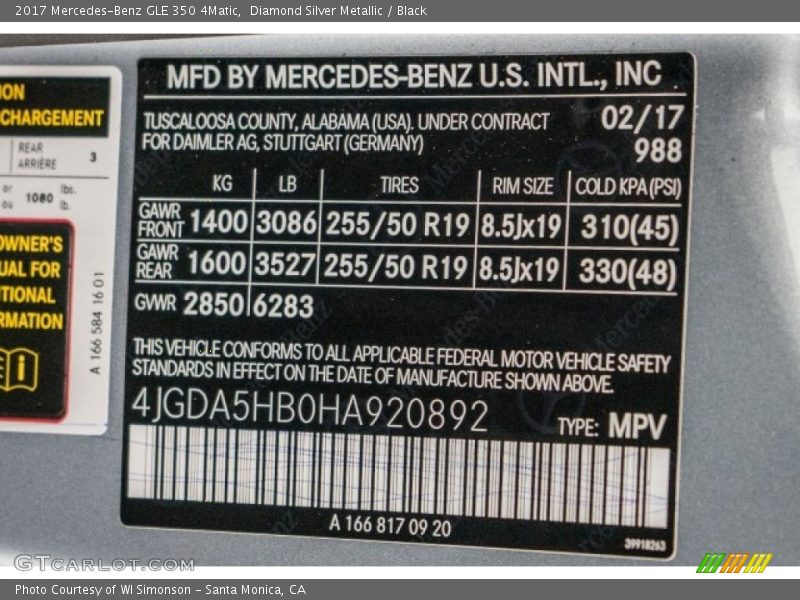 2017 GLE 350 4Matic Diamond Silver Metallic Color Code 988