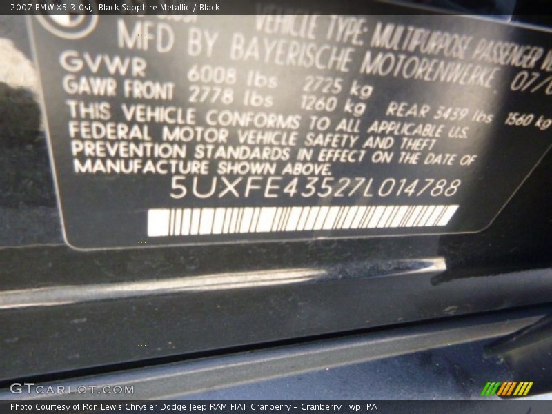 Black Sapphire Metallic / Black 2007 BMW X5 3.0si