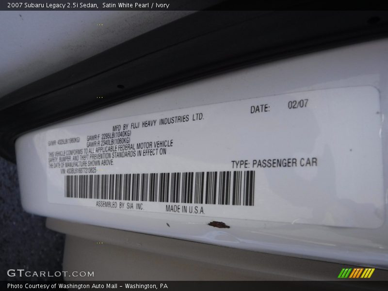Satin White Pearl / Ivory 2007 Subaru Legacy 2.5i Sedan