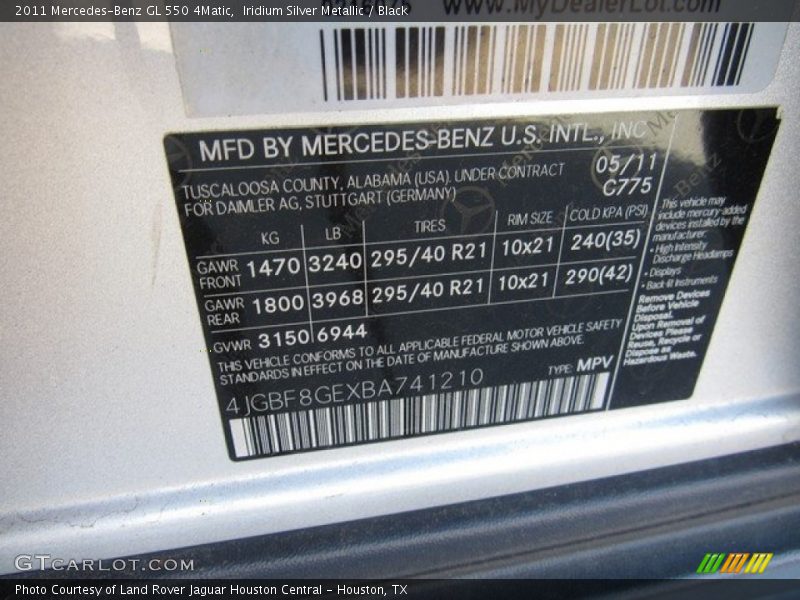 Iridium Silver Metallic / Black 2011 Mercedes-Benz GL 550 4Matic