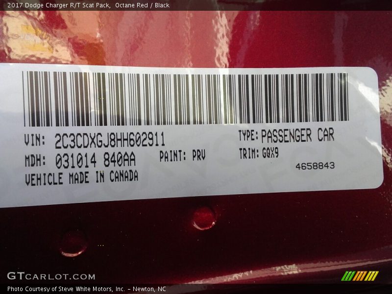 2017 Charger R/T Scat Pack Octane Red Color Code PRV