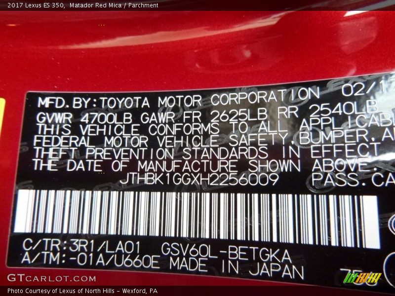 2017 ES 350 Matador Red Mica Color Code 3R1