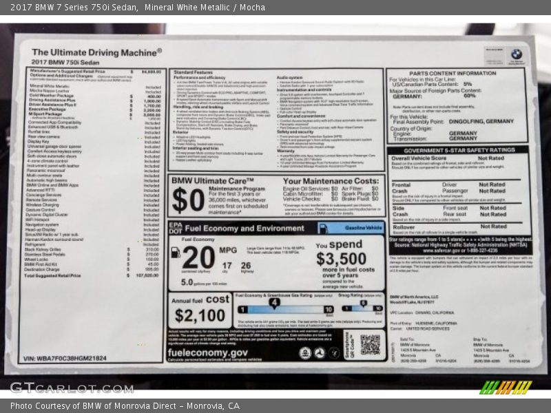  2017 7 Series 750i Sedan Window Sticker