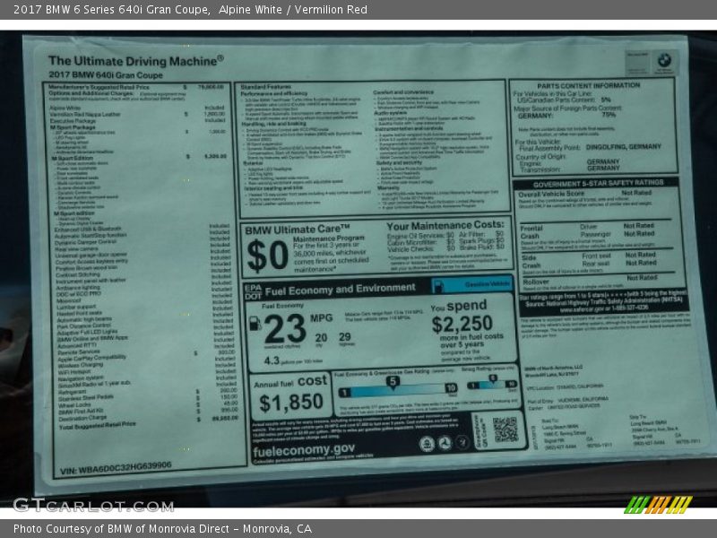  2017 6 Series 640i Gran Coupe Window Sticker