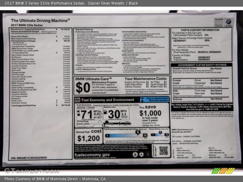  2017 3 Series 330e iPerfomance Sedan Window Sticker