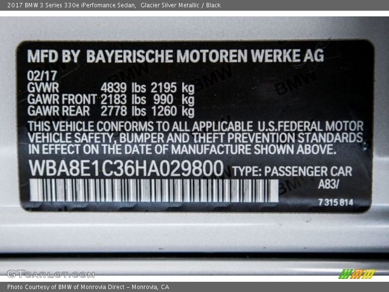 2017 3 Series 330e iPerfomance Sedan Glacier Silver Metallic Color Code A83