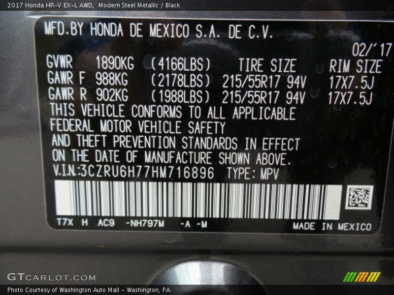 2017 HR-V EX-L AWD Modern Steel Metallic Color Code NH797M