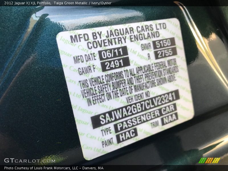Taiga Green Metallic / Ivory/Oyster 2012 Jaguar XJ XJL Portfolio