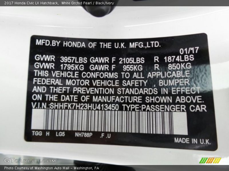 White Orchid Pearl / Black/Ivory 2017 Honda Civic LX Hatchback