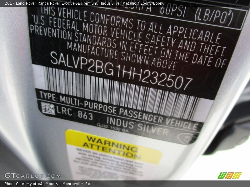 Indus Silver Metallic / Ebony/Ebony 2017 Land Rover Range Rover Evoque SE Premium