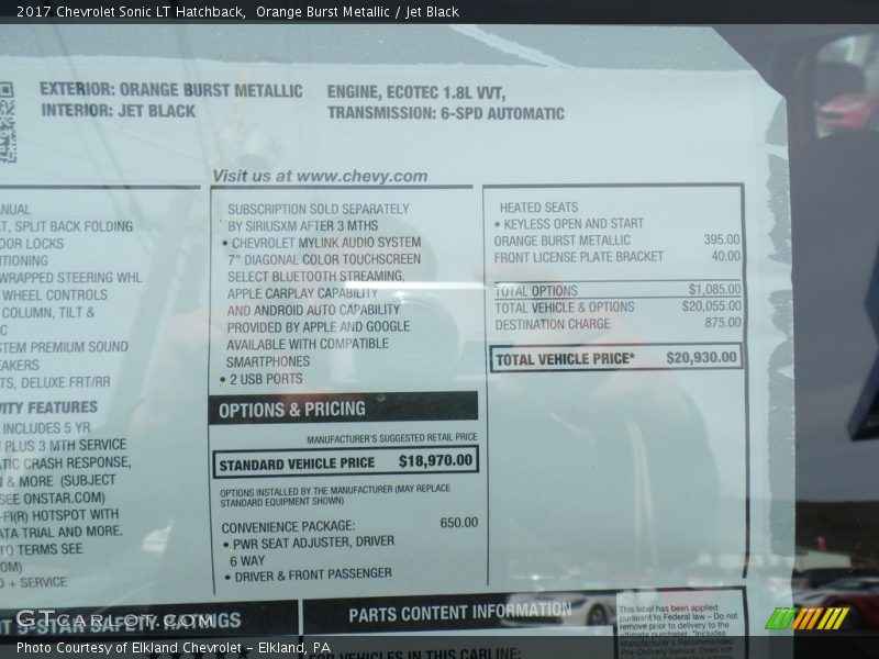 Orange Burst Metallic / Jet Black 2017 Chevrolet Sonic LT Hatchback
