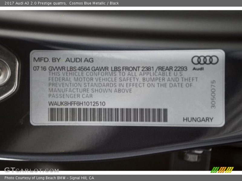 Cosmos Blue Metallic / Black 2017 Audi A3 2.0 Prestige quattro