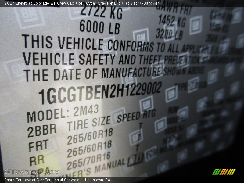 Cyber Gray Metallic / Jet Black/­Dark Ash 2017 Chevrolet Colorado WT Crew Cab 4x4