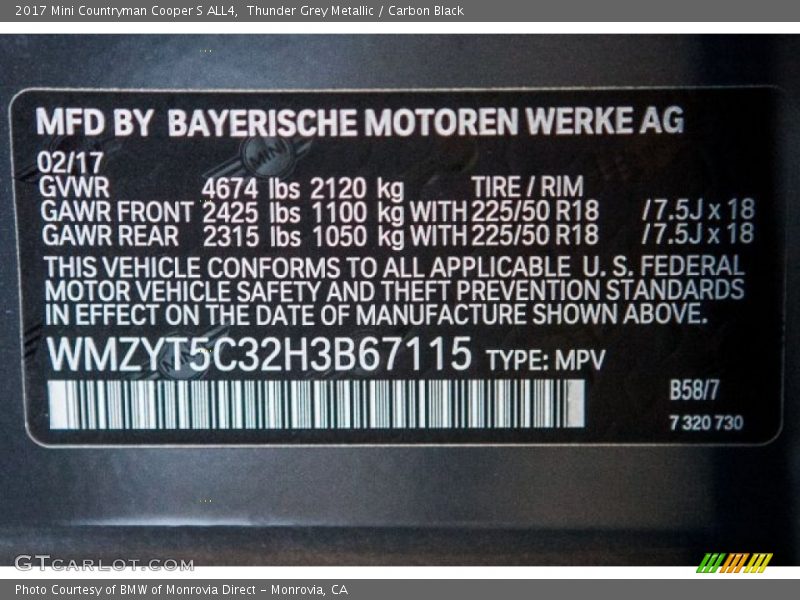 Thunder Grey Metallic / Carbon Black 2017 Mini Countryman Cooper S ALL4
