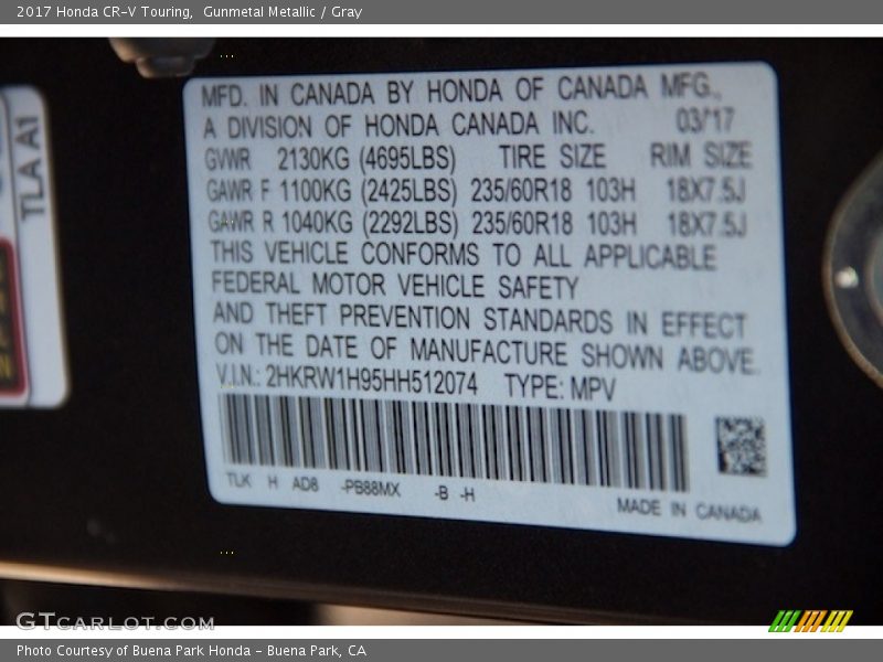 Gunmetal Metallic / Gray 2017 Honda CR-V Touring