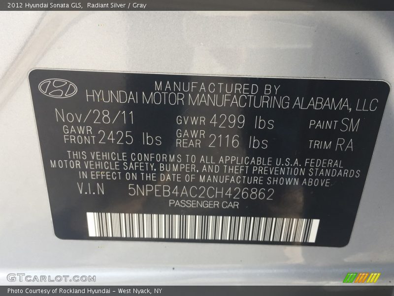 Radiant Silver / Gray 2012 Hyundai Sonata GLS