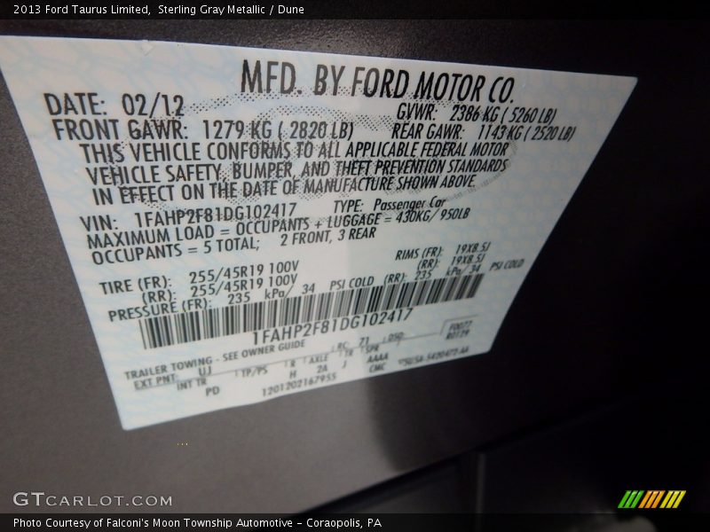 Sterling Gray Metallic / Dune 2013 Ford Taurus Limited
