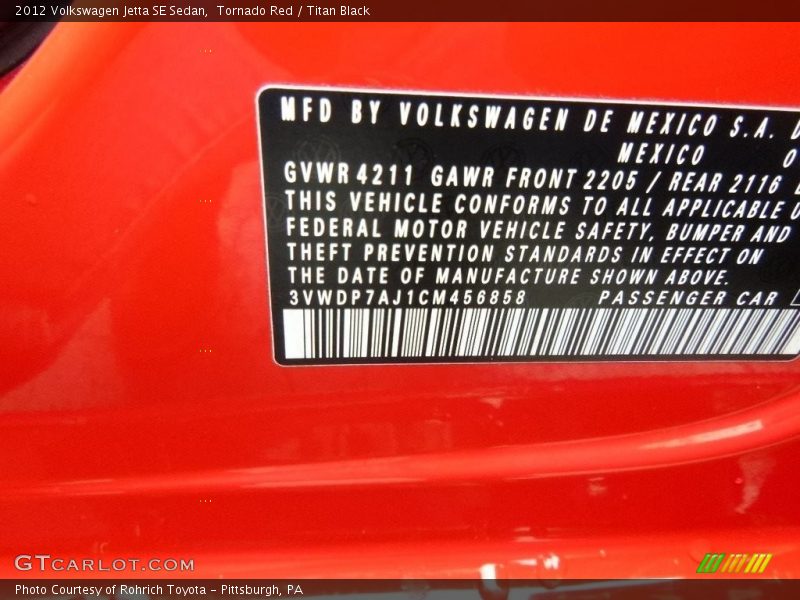 Tornado Red / Titan Black 2012 Volkswagen Jetta SE Sedan