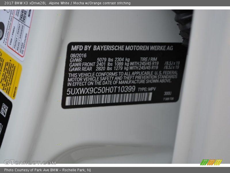 Alpine White / Mocha w/Orange contrast stitching 2017 BMW X3 xDrive28i