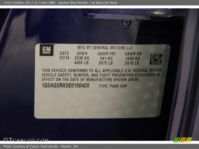 Opulent Blue Metallic / Jet Black/Jet Black 2014 Cadillac ATS 2.0L Turbo AWD