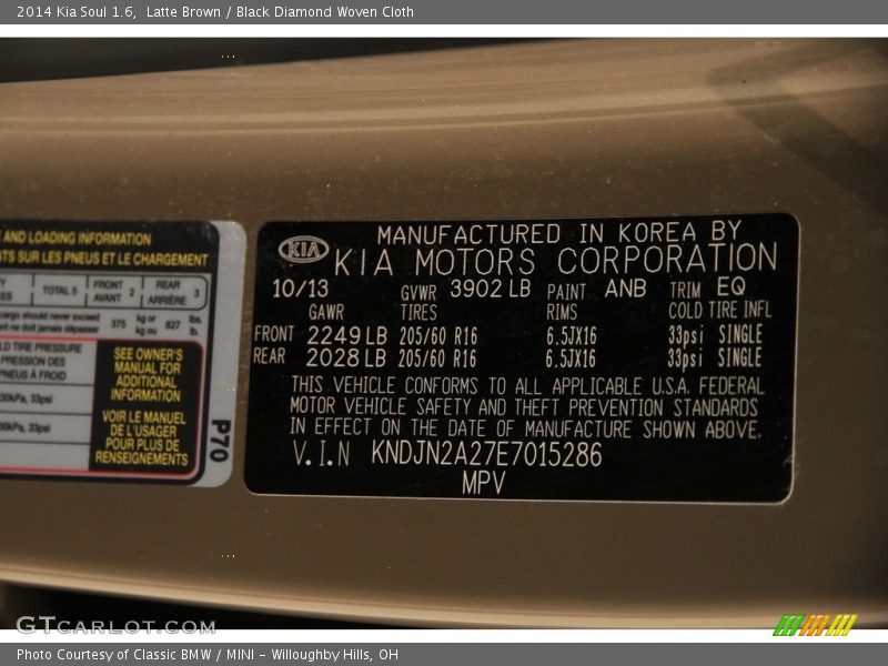 Latte Brown / Black Diamond Woven Cloth 2014 Kia Soul 1.6