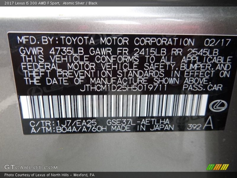 Atomic Silver / Black 2017 Lexus IS 300 AWD F Sport