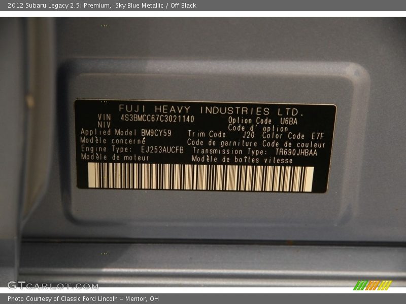 Sky Blue Metallic / Off Black 2012 Subaru Legacy 2.5i Premium