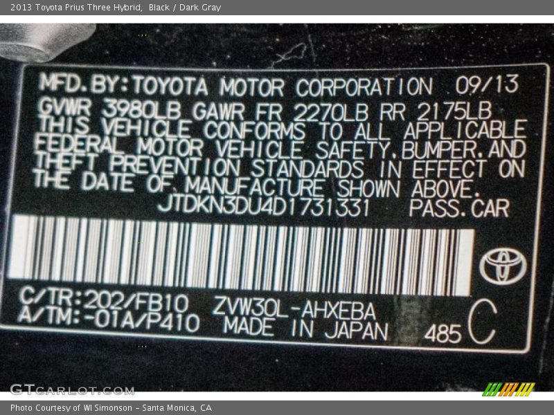 Black / Dark Gray 2013 Toyota Prius Three Hybrid