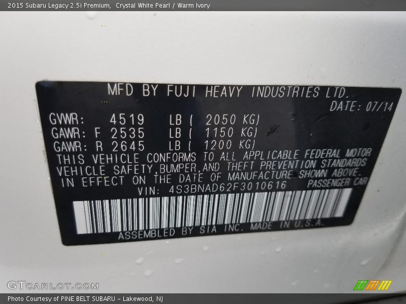 Crystal White Pearl / Warm Ivory 2015 Subaru Legacy 2.5i Premium