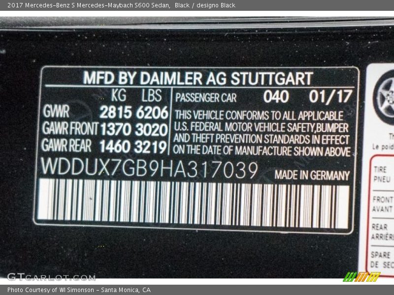 2017 S Mercedes-Maybach S600 Sedan Black Color Code 040
