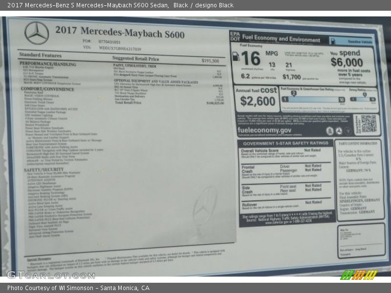  2017 S Mercedes-Maybach S600 Sedan Window Sticker