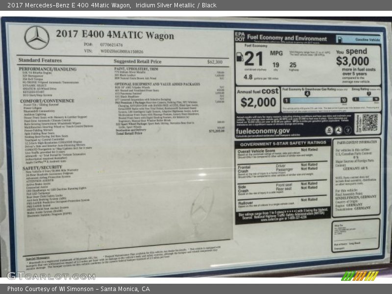  2017 E 400 4Matic Wagon Window Sticker