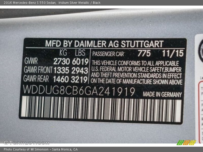 Iridium Silver Metallic / Black 2016 Mercedes-Benz S 550 Sedan