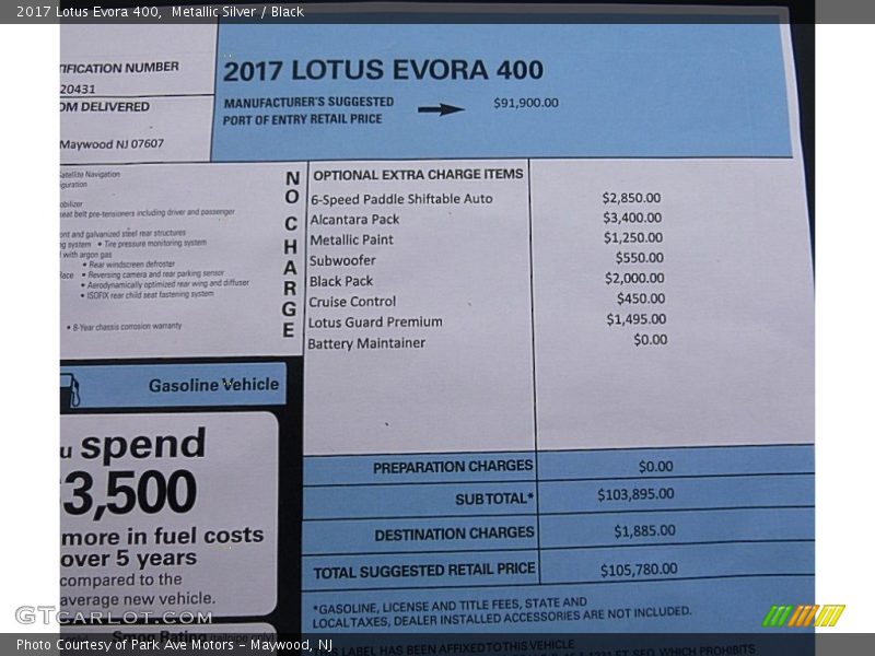  2017 Evora 400 Window Sticker