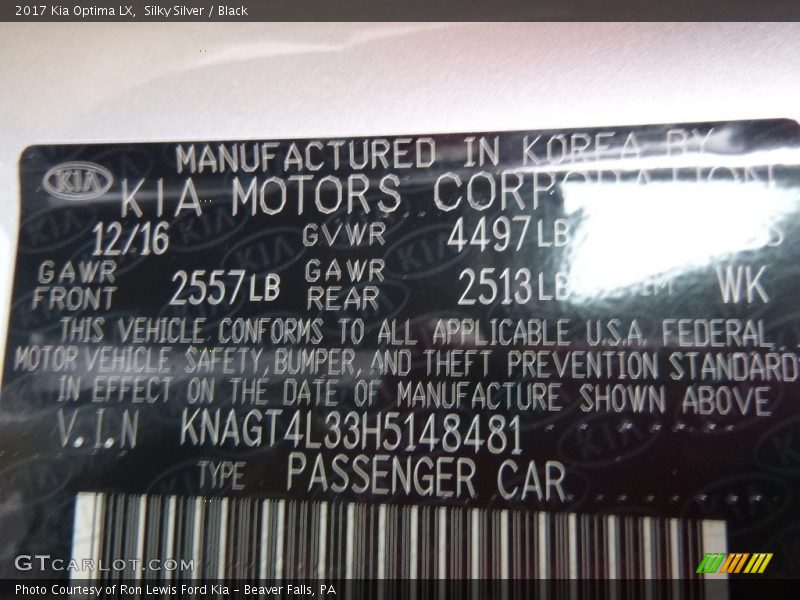 Silky Silver / Black 2017 Kia Optima LX