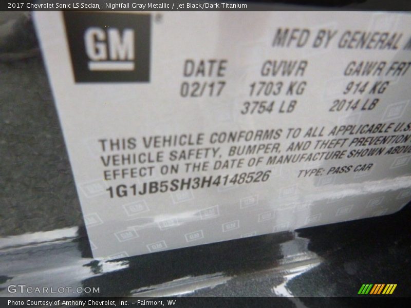 Nightfall Gray Metallic / Jet Black/Dark Titanium 2017 Chevrolet Sonic LS Sedan