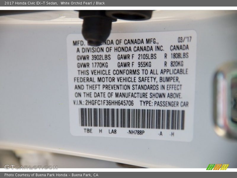 White Orchid Pearl / Black 2017 Honda Civic EX-T Sedan