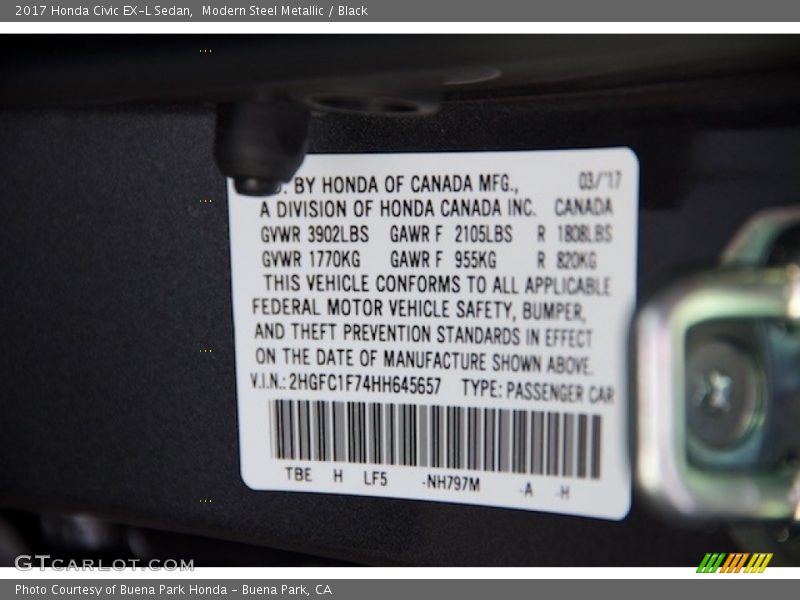 Modern Steel Metallic / Black 2017 Honda Civic EX-L Sedan