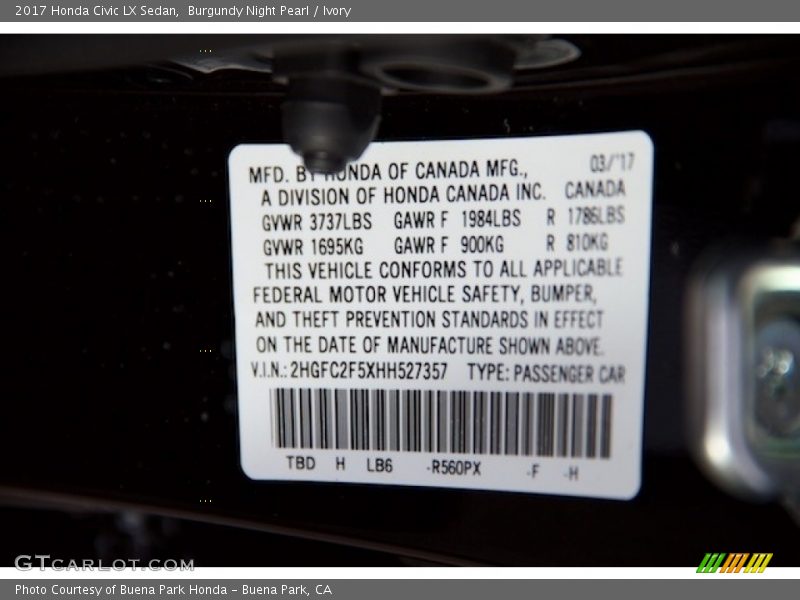 Burgundy Night Pearl / Ivory 2017 Honda Civic LX Sedan