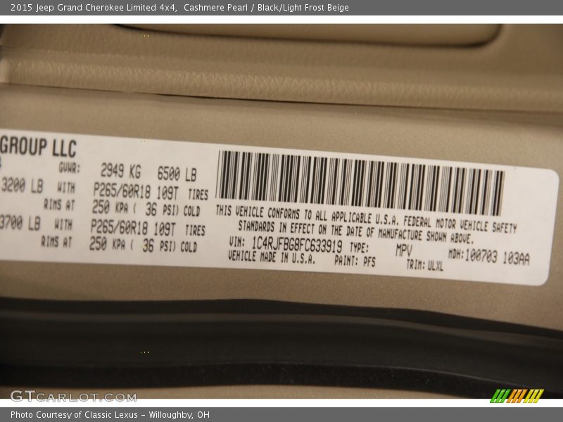 Cashmere Pearl / Black/Light Frost Beige 2015 Jeep Grand Cherokee Limited 4x4