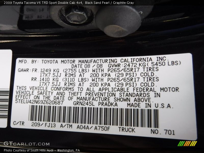 Black Sand Pearl / Graphite Gray 2009 Toyota Tacoma V6 TRD Sport Double Cab 4x4
